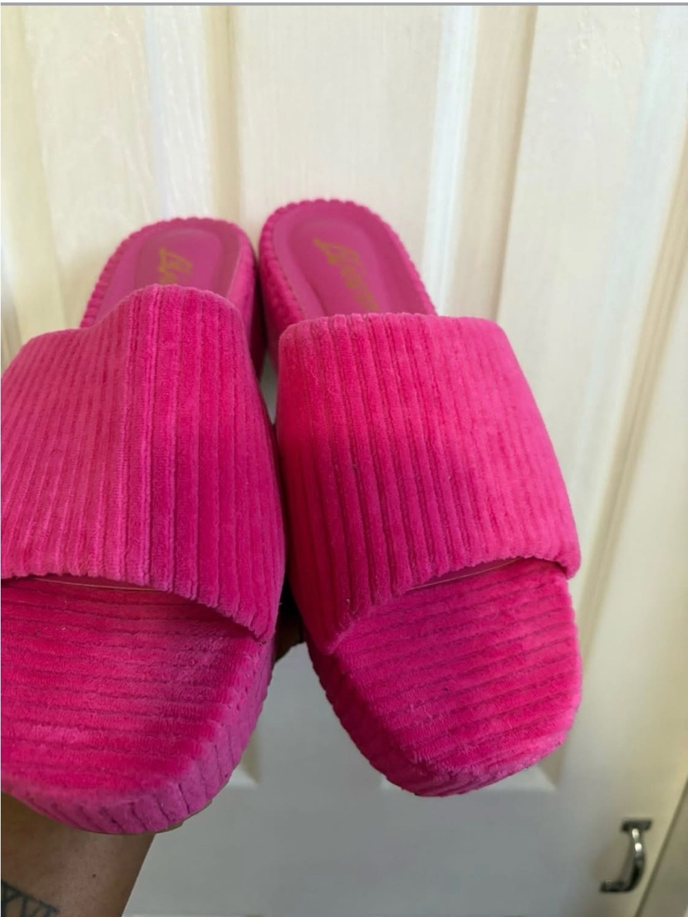 Hot Pink Corduroy Slide Sandals - Women's